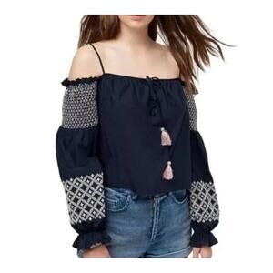 Rebecca Minkoff Off the Shoulder navy Embroidered smocked Peasant Top Boho XL